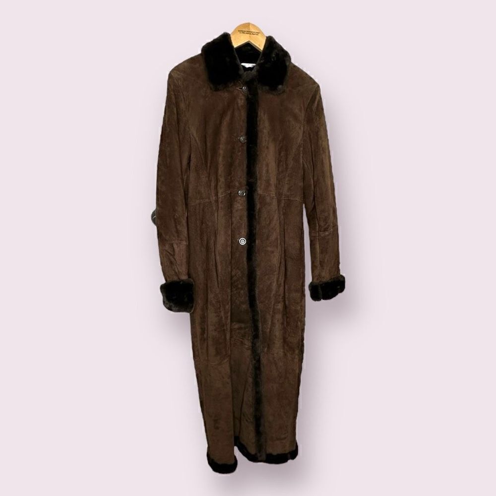 Marvin Richards rich brown leather long overcoat with fur trim size small